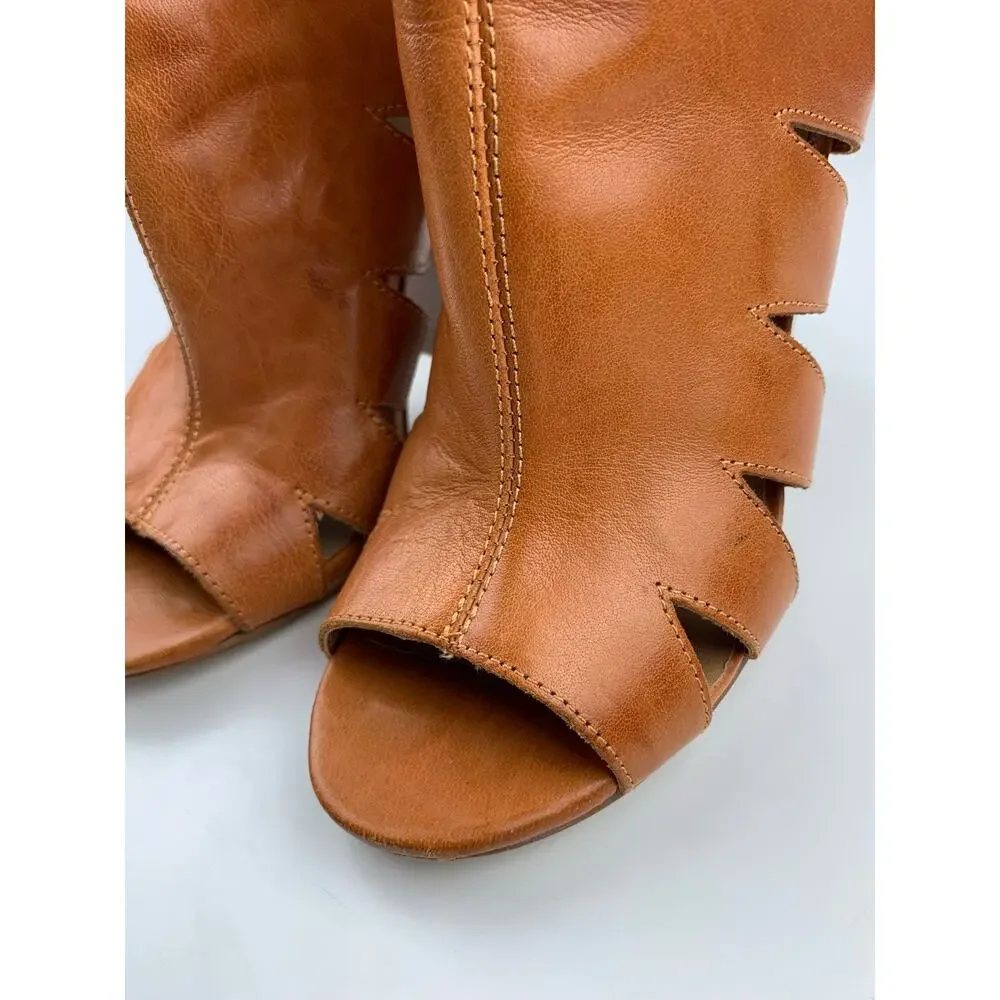 Kelsi Dagger Brooklyn KDB Peep Toe Ankle Boots Tan Leather Heels Women's 6.5